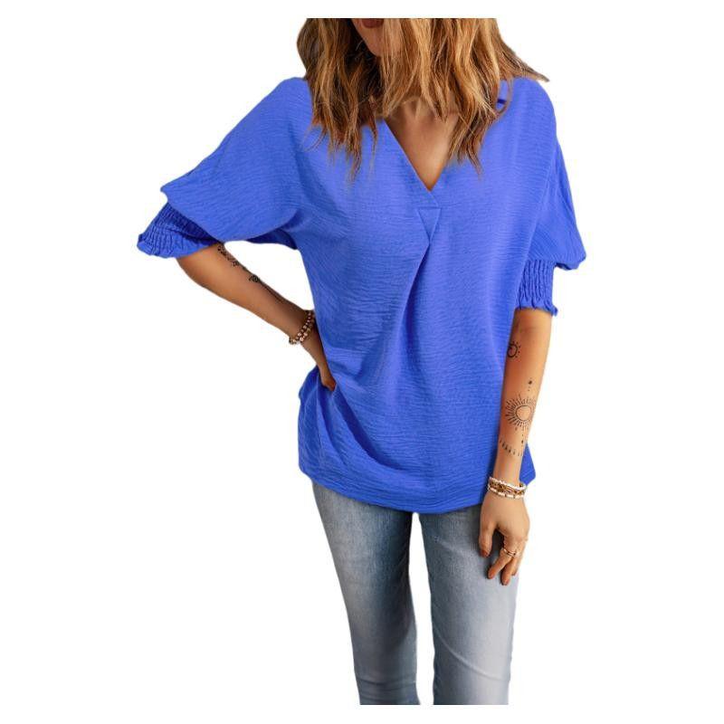 

Summer Thin Breathable Easiest for Match V Neck Chiffon Shirt for Women 2025 European and American Leisure Minimalist Loose Half-Sleeve Top Women Dark blue S code fits (45.00 kg-55.00 kg