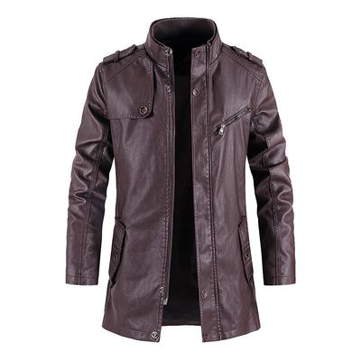 Mid-length Leather Jacket for Autumn and Winter Men's Motorcycle Leather Jacket Stand Collar Zipper PU Leather Windbreaker Jacket