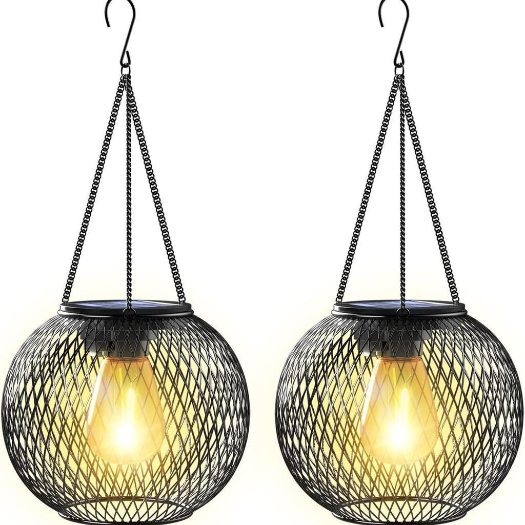 2 Stück Solarlaternen, wasserdicht, aus Metall, zum Aufhängen, für Garten, Terrasse, Weg, Veranda, Zaun, Weihnachten