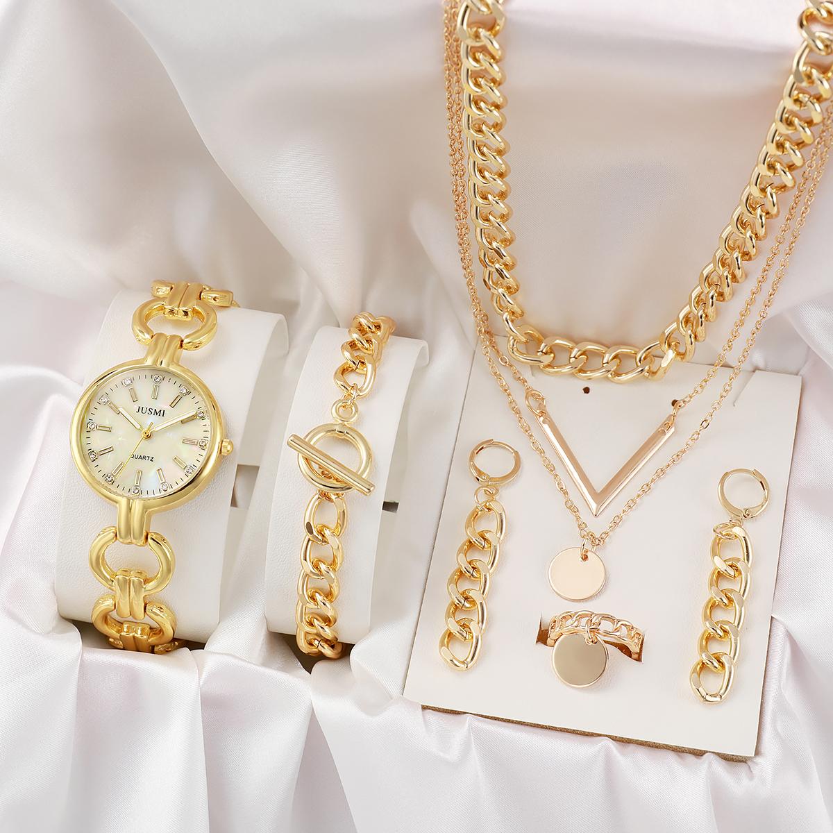 

Без подарочной коробки Новые легкие роскошные часы-браслет креативные персонализированные кварцевые часы геометрические украшения набор из 5 предметов золотой