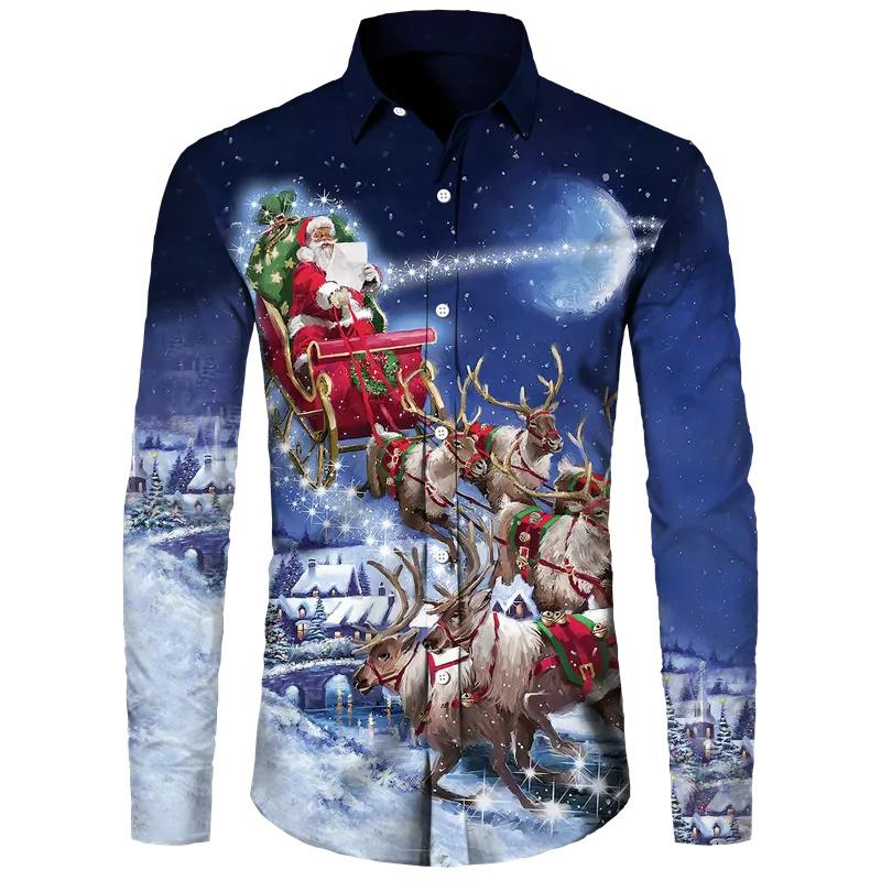 Christmas Long Sleeve Shirt Lapel Men's Button Up Shirt Autumn Christmas Snowman 3D Printed Men's Casual Party Holiday Top