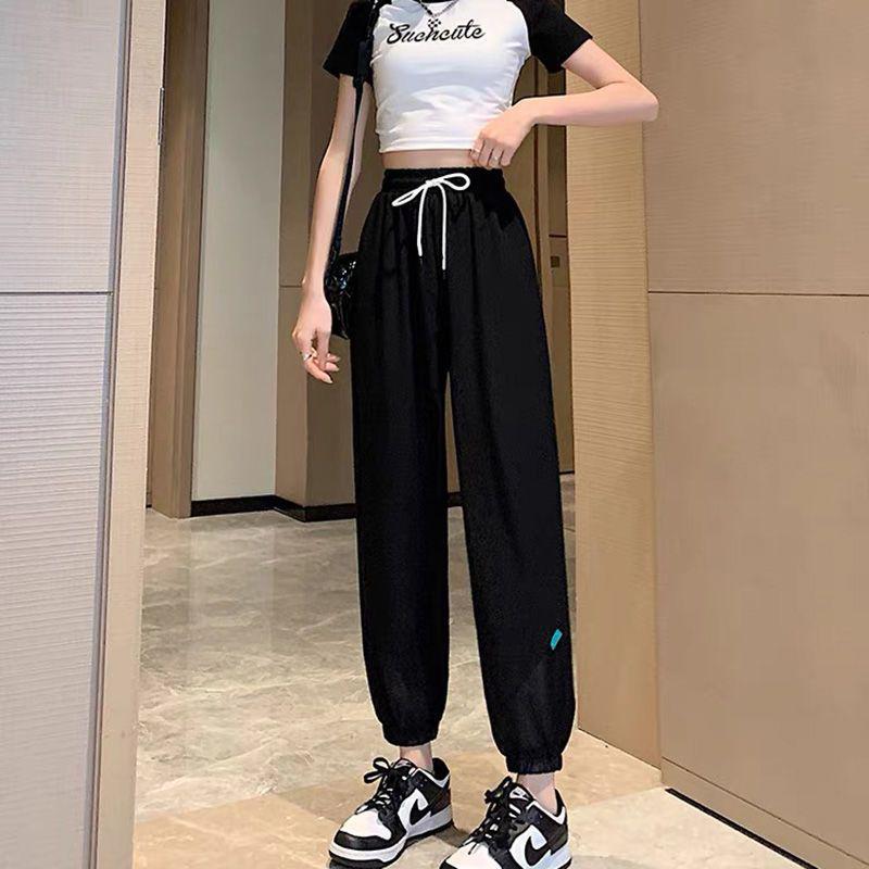 

Women s Ice Silk Quick-Dry Cropped Sports Pants - Thin, Loose, Slimming, Plus Size, Trendy, Versatile Summer Wear S 75-95 lbs чёрный