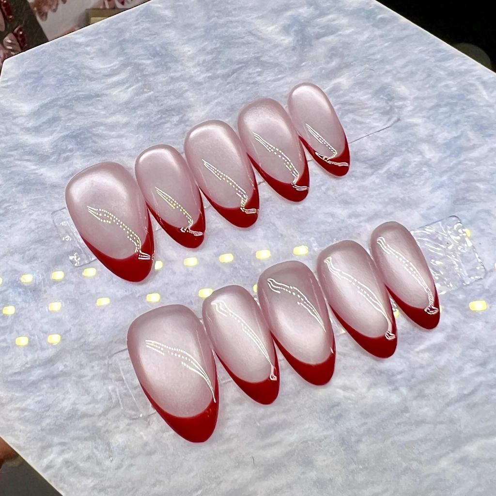 French Retro Cat Eye Red Wine Handmade Nail Art for New Year