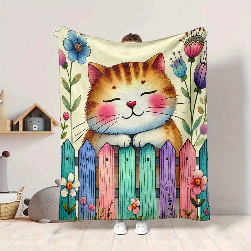 1pc Cat Garden Blanket, Lightweight Flannel Throw Blanket For Sofa, Bed, Travel098