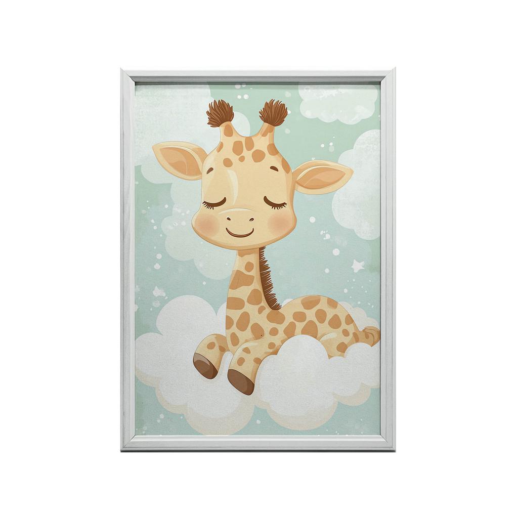 Plakat Żyrafa Na Chmurce Plakat Żyrafa Na Chmurce, 30X40 Cm, Rama Drewniana Jasny Dąb, Papier Matowy 230 Gsm