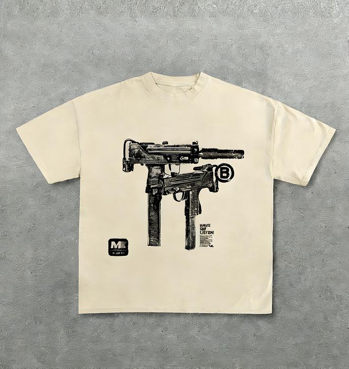Unisexs Gun Pattern TShirt Black Street Casual ShortSleeved TShirt White Line Art LooseFitting RoundNeck Summer Top