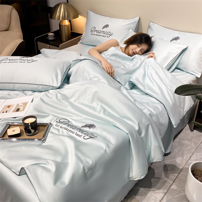 A-Class Water Washable Ice Silk Summer Cool Quilt Set, Summer Air Conditioning Embroidered Quilt, Heavenly Silk Summer Blanket