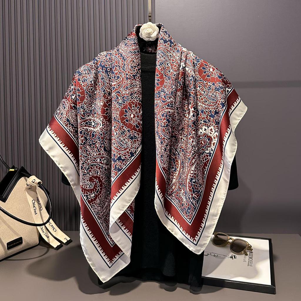 Women's Retro Fashion Mulberry Silk Feel Square Scarf - Summer Faux Satin, Sun Protection, 90cm