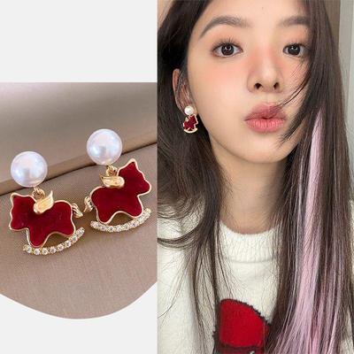 High-End Silver Needle Diamond Pony Pendant Earrings - Luxury Retro Studs for Women