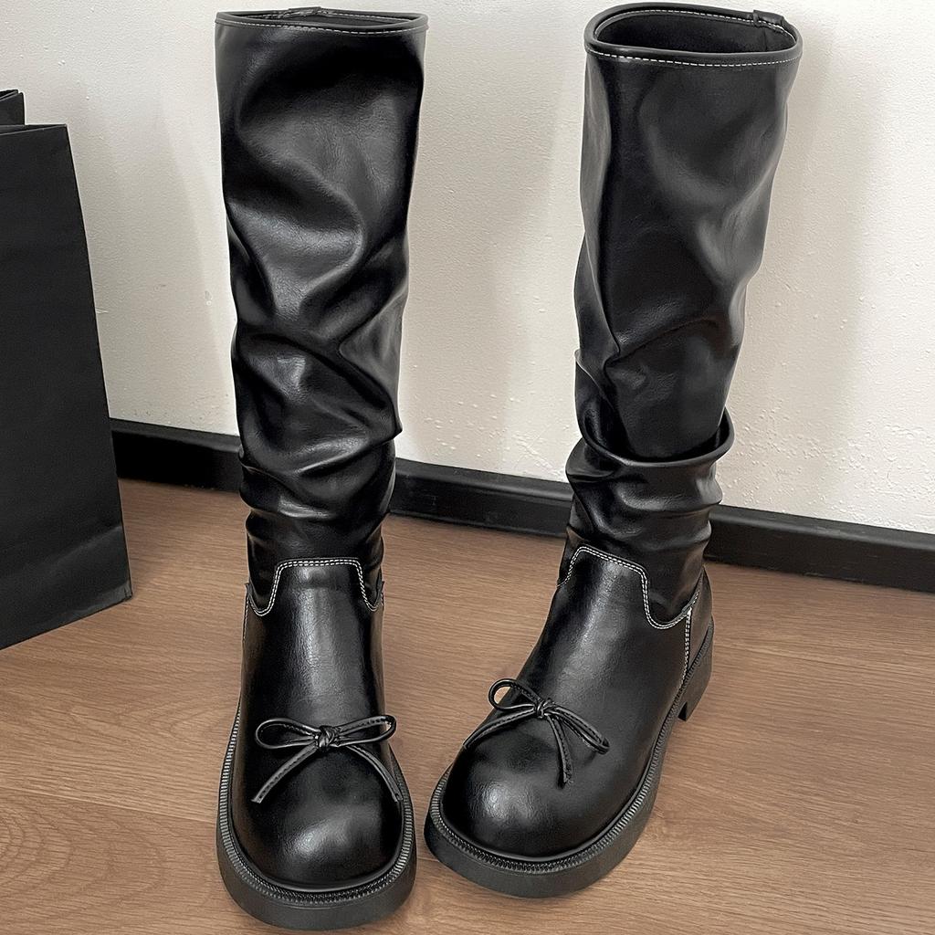 Queen Fan Black Retro Platform Boots Women's Boots 2025 New Autumn Versatile Skinny Knight Boots