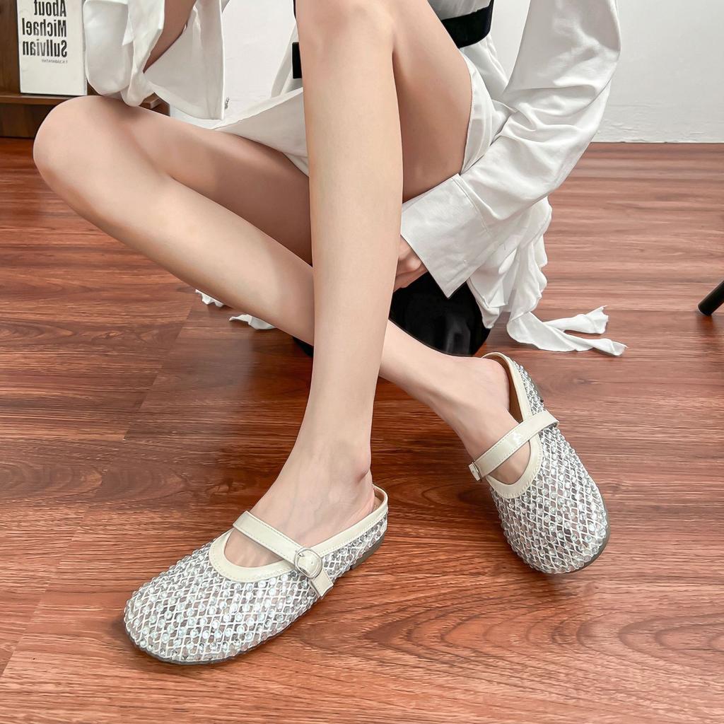 Yuanlitong Fairy Wind Flow Light Mesh Yarn Rhinestone Mesh Breathable Buckle with Bag Head Holiday Slippers Female Half Drag Summer Outer Wear