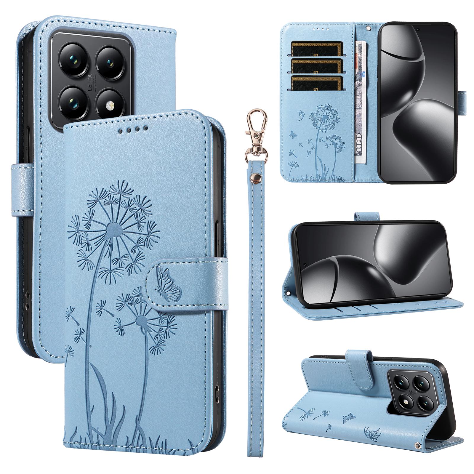 

For Xiaomi 14T Leather Case Wallet Phone Cover Dandelion Imprint Sky Blue