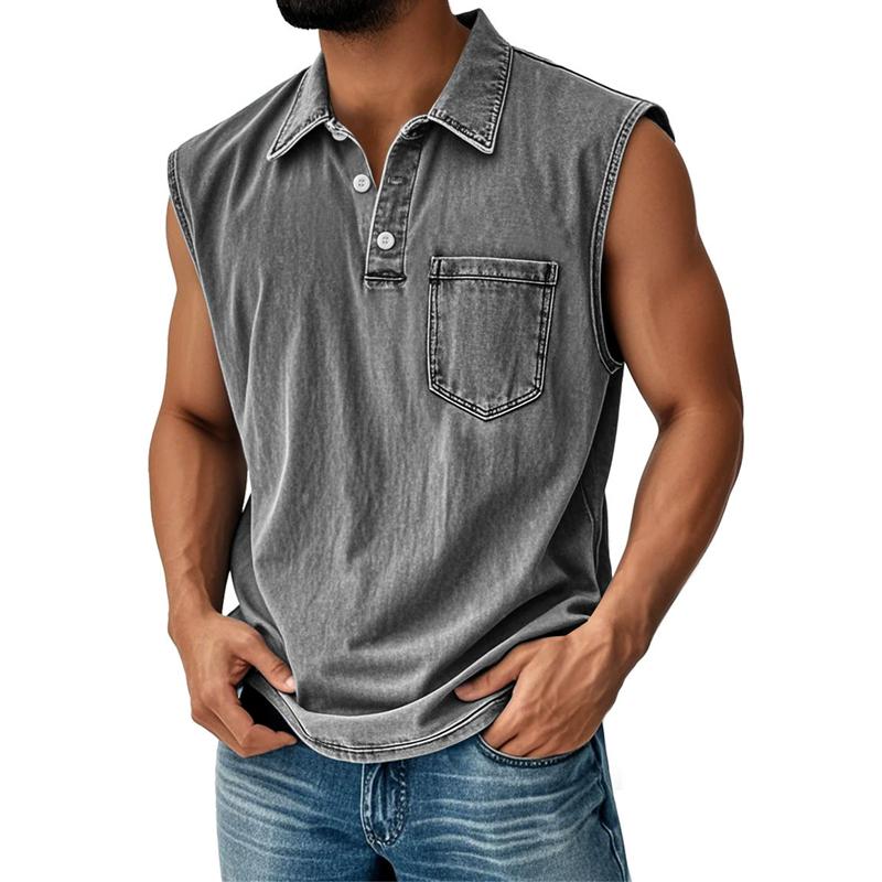 Men's Vintage Wash Sleeveless Polo Shirt Casual Denim Look Tank Top Button Down Vest Summer Beach Streetwear