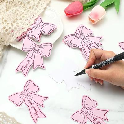 100pcs Pink Bow Thank You Cards Paper Cake Decor Tag Hand Gift Hanging Tag  Party Label Stickers