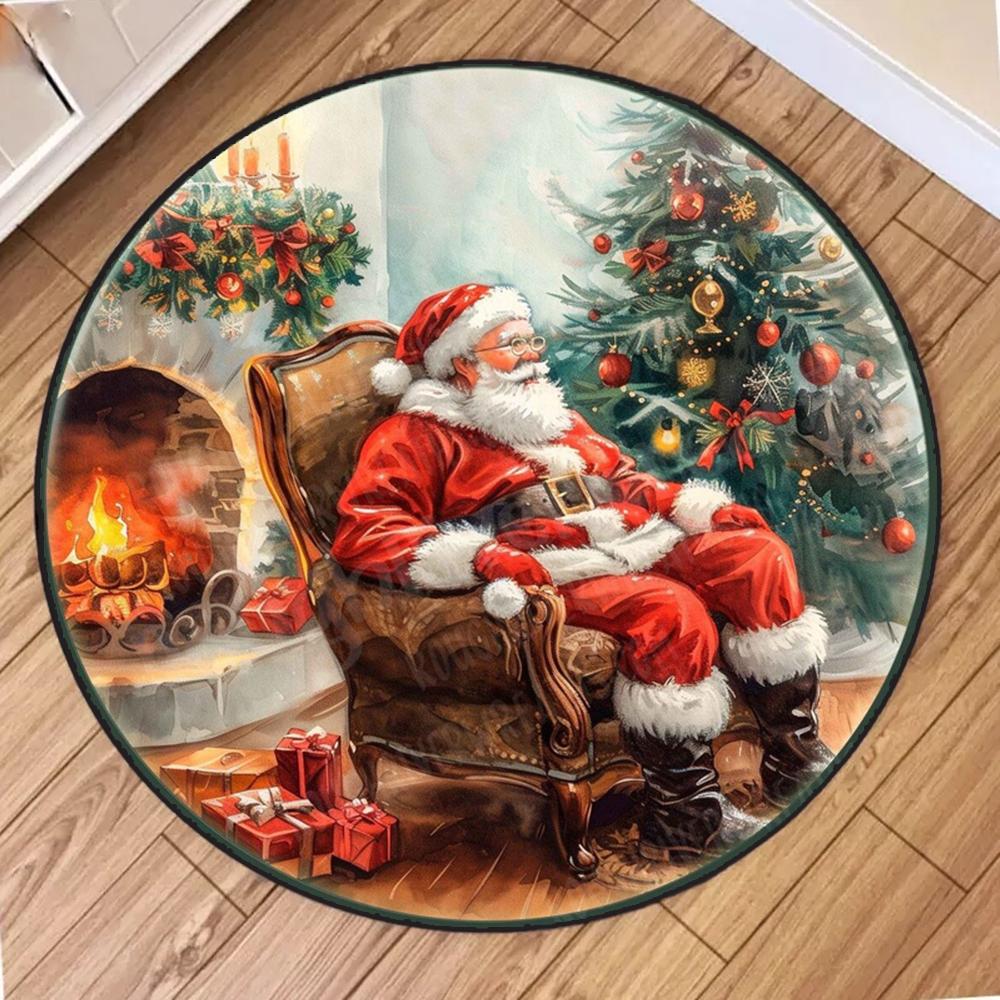Christmas Themed Round Retro Rug American Style Living Room Bedroom Hallway Christmas Decorative Floor Mat