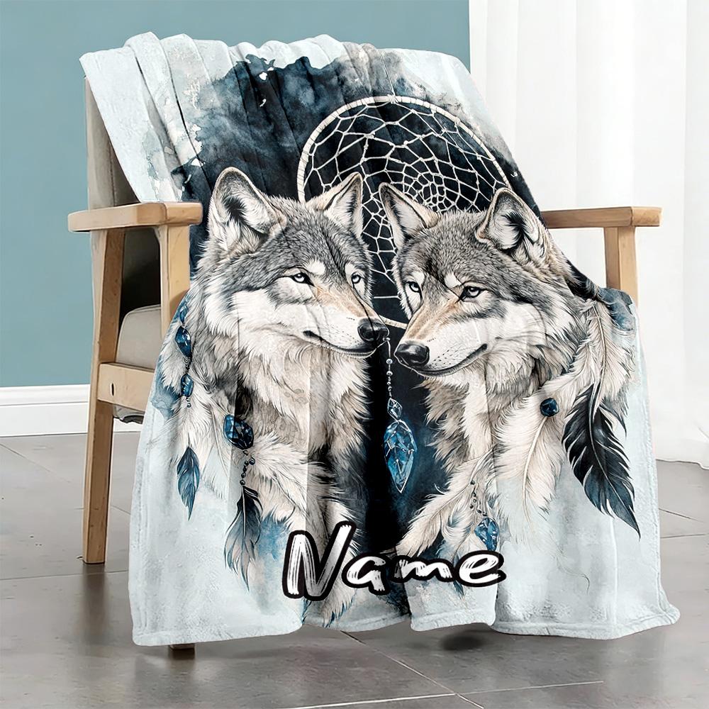 Twin Wolf Dream Catcher Customize Text Blanket Cozy Customizable Blanket Durable Comfort Perfect for Bedding Office Chair Couch All-Season Use
