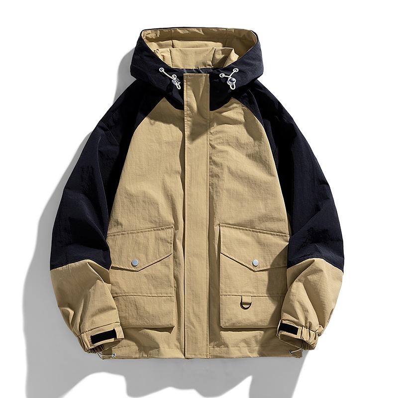 Men's Spring and Autumn Plus Size Hooded Colorblocking Jacket Loose Casual Straight Hem Punching Jacket