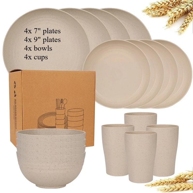 

Natural Wheat Straw Tableware Set Dinnerware Sets Biodegradable Unbreakable Plates, Bowls, Cups Lightweight for Kitchen Camping