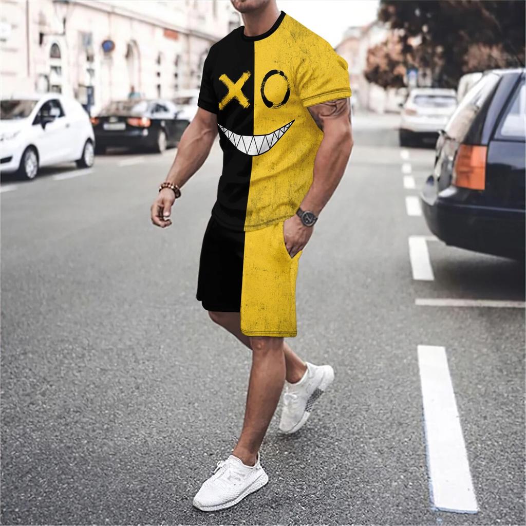 Summer Men's Round Neck Short Sleeved and Shorts Two-piece Set, Facial Expressions Comical and Realistic 3D Printing Set, Men's