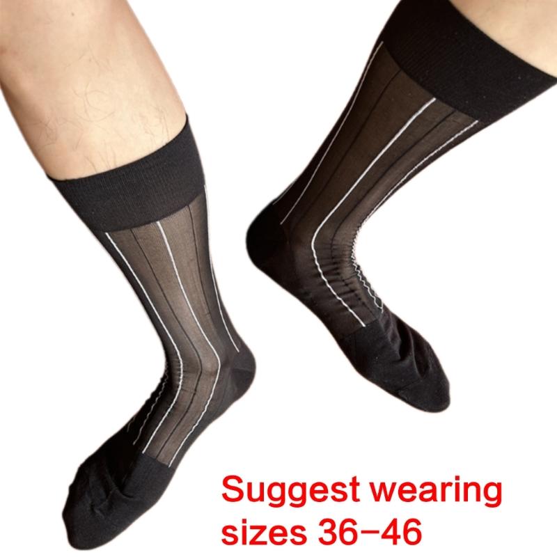Mens Thin Dress Socks Silk Sheer Business Socks Contrast Color Ribbed Striped Pattern Middle Calf Socks for Formal Event