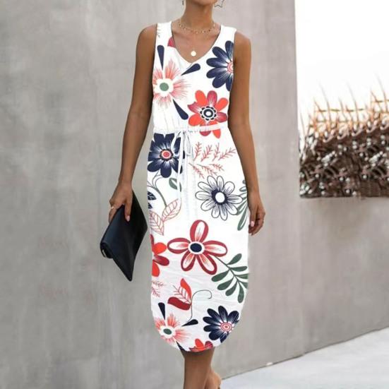 

Леди летнее платье с V-образным вырезом и шнуровкой с тонкой талией и цветочным принтом без рукавов с разрезом подол и жилетом Тип Сарафан Платье миди длиной до колена S белый