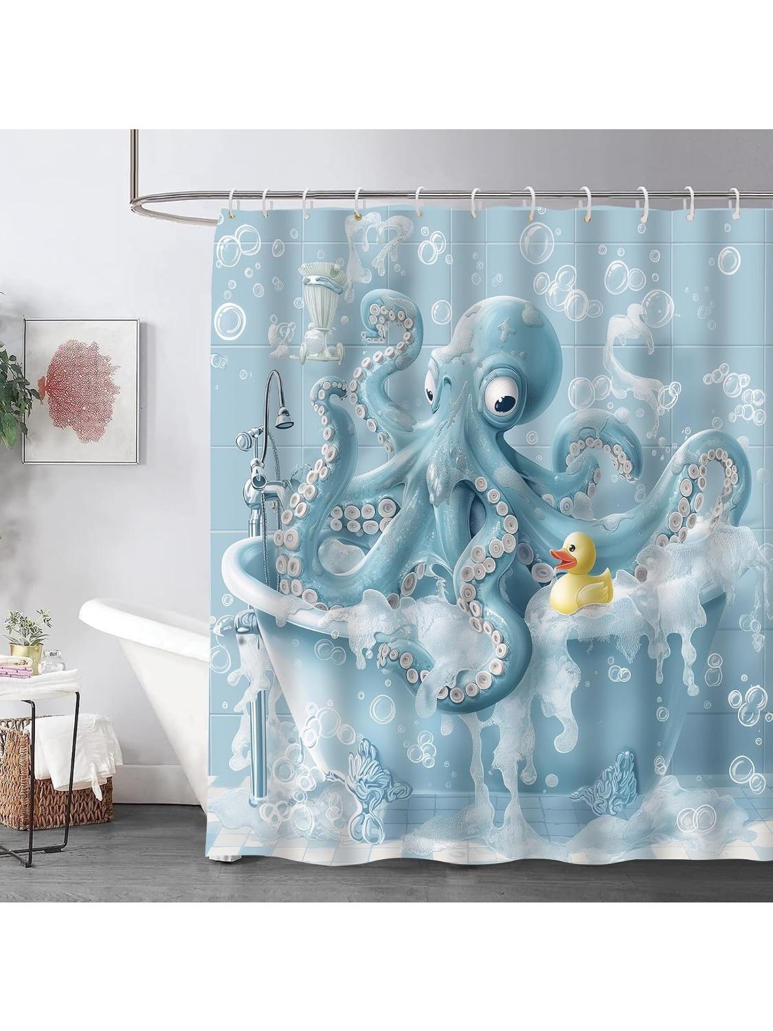 

Whimsical Octopus Bath Time Shower Curtain, Playful Aquatic Scene with Bubbles Decor, Cartoon Style with Duck Bath Curtain, 90x180CM