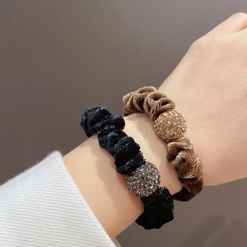 Mode Glänzende Kristallkugel Samt Dünnes Elastisches Gummiband Einfarbig Schwarz Haargummi Scrunchies Haarband Seil Für Frauen