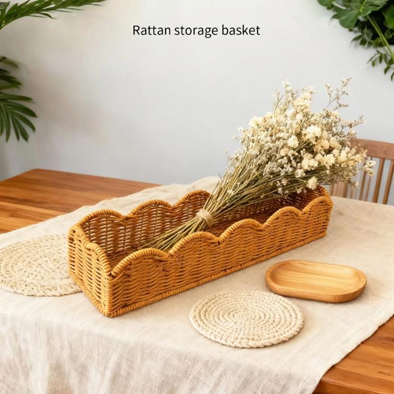 Rectangular Plastic Basket Decorative Rattan Weave Pattern Functional Storage For Home Decoration Practical Container