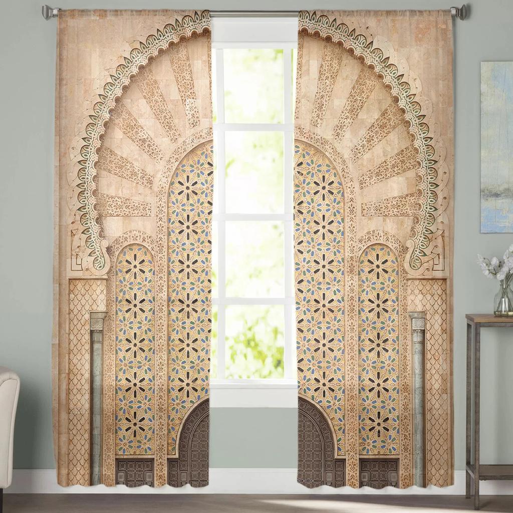 Yellow Wall Gate Morocco Chiffon Sheer Curtains For Living Room Home Decoration Window Voile Tulle Curtain Drapes