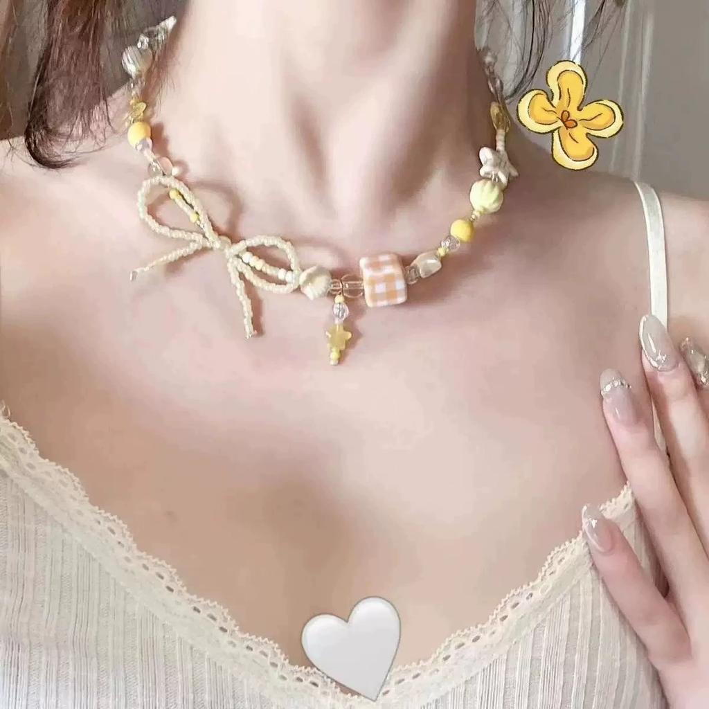 2026 Trendy Handmade Beaded Colorful acrylic Bowknot Star Pendant Necklace For Women Summer Y2k Sweet Aesthetic Neck Jewelry