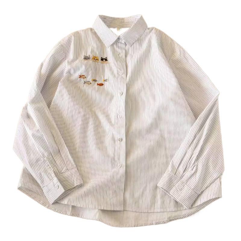 Spring 2026 Trendy Cartoon Cat Embroidered Striped Long Sleeve Lapel Shirt for Women
