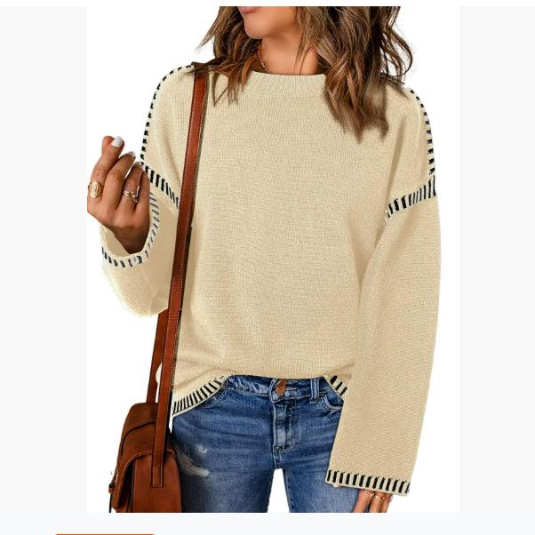 Autumn and Winter Women's Sweater Solid Color Round Neck Loose Long-sleeved Contrast Color Twisted Knitted Pullover Sweater Top