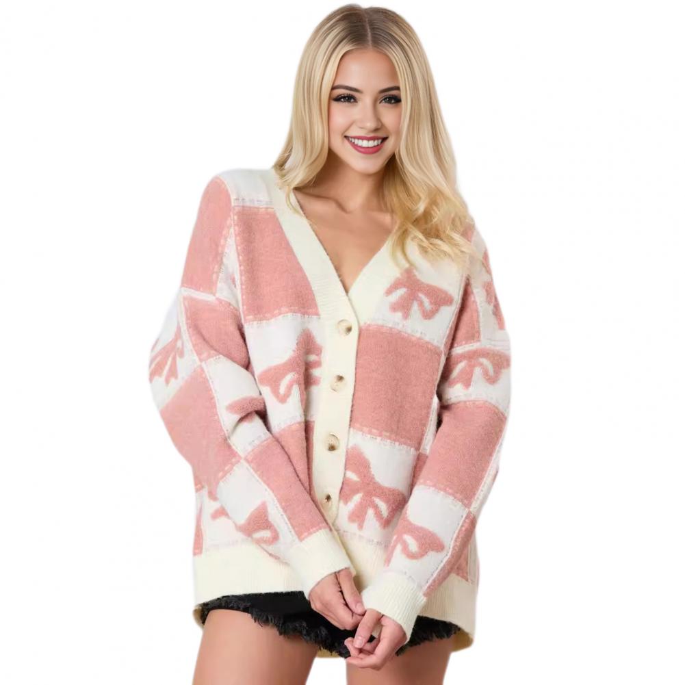 

Универсальный стильный кардиган, стильный женский свитер с V-образным вырезом, пальто с клетчатым принтом, бантом, длинный рукав, цветной блок для женщин S светло-розовый