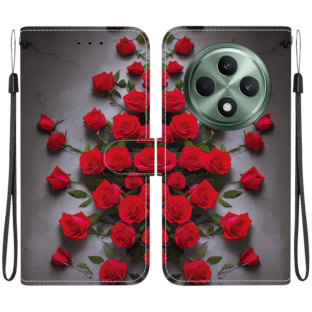 Ręcznie robione etui z klapką z PU skóry dla Oppo Reno12 F (5G/CPH2637) Antypoślizgowe Wstrząsoodporne Etui z Paskiem na Nadgarstek i Wzorami Kota/Róży/Serca