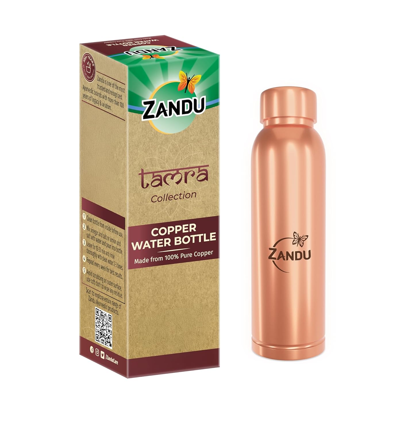 

Zandu Copper Bottle 950ml BPA-Free Water Bottle Leak Proof for Office & Daily Use with Copper-Infused Hydration