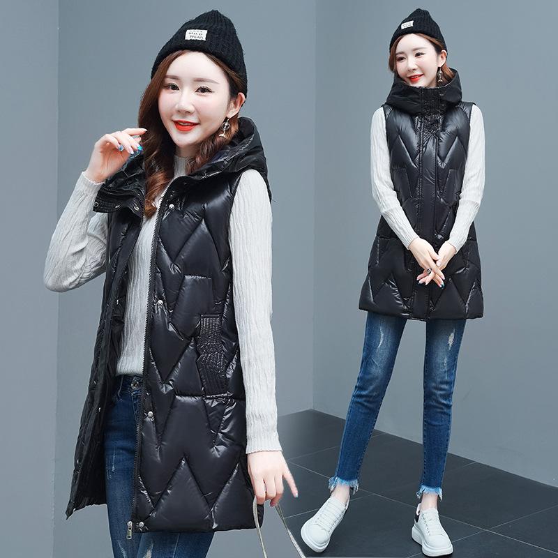 Outono e inverno feminino cor sólida com capuz solto espessamento quente meados de comprimento sem mangas colete jaqueta feminina