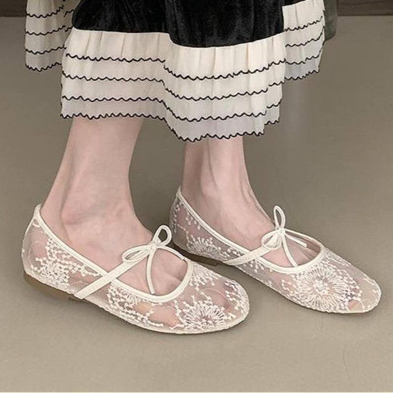 Bow Mesh Lace Flats Ballet Shoes Women Sandals Marie Janes Shoes Square Toe Summer 2025 New Trend Dress Designer Sandalias Mujer