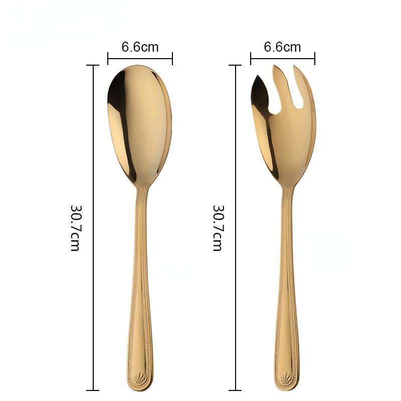 2Pcs/Set Big Salad Spoon Fork Set Stainless Steel Gold Kitchen Food Server Pasta Tableware Home Kitchen Restaurant Tools