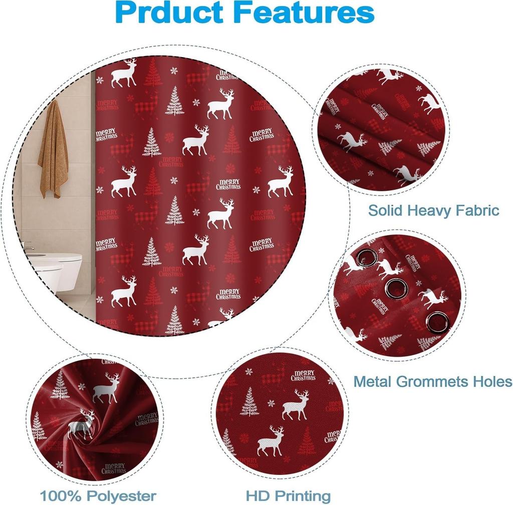Christmas Shower Curtain For Bathroom Red X-Mas Shower Curtain Set With Hooks Elk Christmas Trees Snowflakes Decor Waterproof