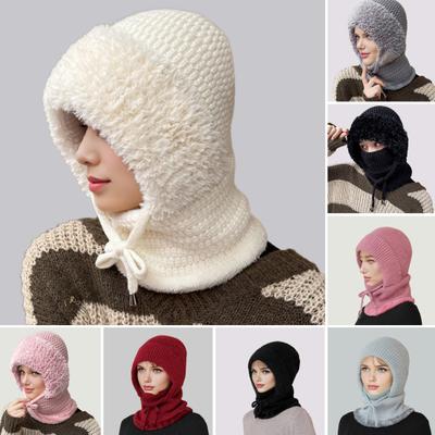 Outdoor Headgear Solid Color Plush Trim Windproof Warm Face Guard Scarf Hat Skiing Hiking Biking Winter Sports Headwear