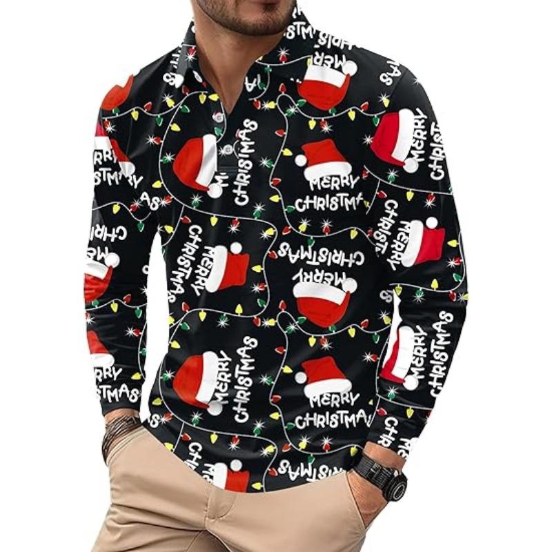 Weihnachten Herren Langarm Poloshirt 2025 Modisches Freizeitpolo Slim Fit Hemd mit Kragen Büroarbeit Golfshirt Freizeit