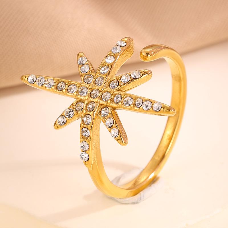Elegant Eight-Pointed Star Zircon-Embellished Titanium Ring - Adjustable, Fashionable Women s Open Design