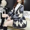 Women's Autumn Winter Diamond V-Neck Mid-Length Loose Cardigan Sweater