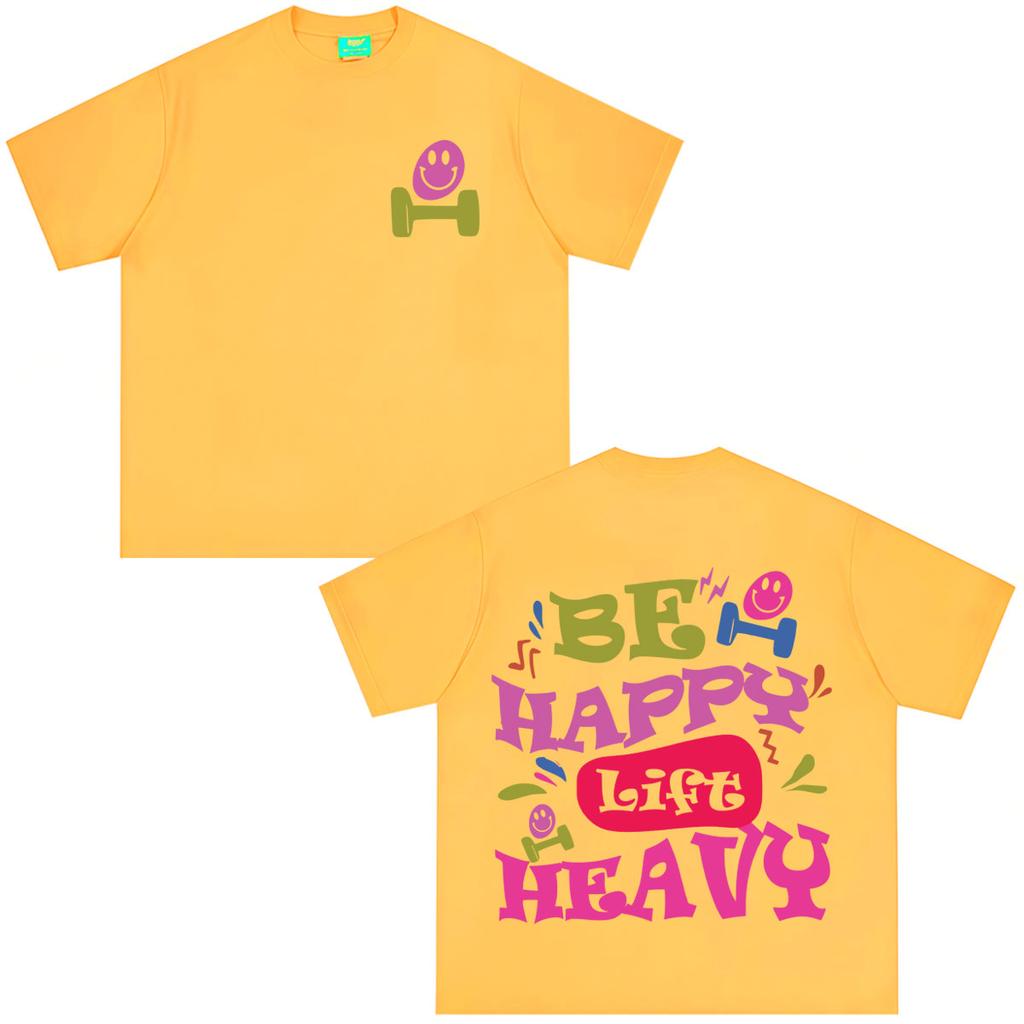 Be Happy Lift Heavy Colorful Bubble Font Dumbbell Smile Graphic TShirt Tees Unisex Unisex Aesthetic Trend Fashion Cotton Tshirts
