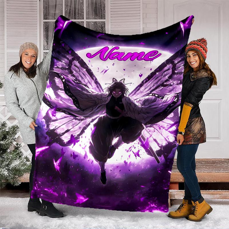 Personalized Custom Name Blanket - Demon Slayer Shinobu Kocho Print Design,Blanket for Sofa,Bed,Travel,Camping - Soft and Warm, Great Gift