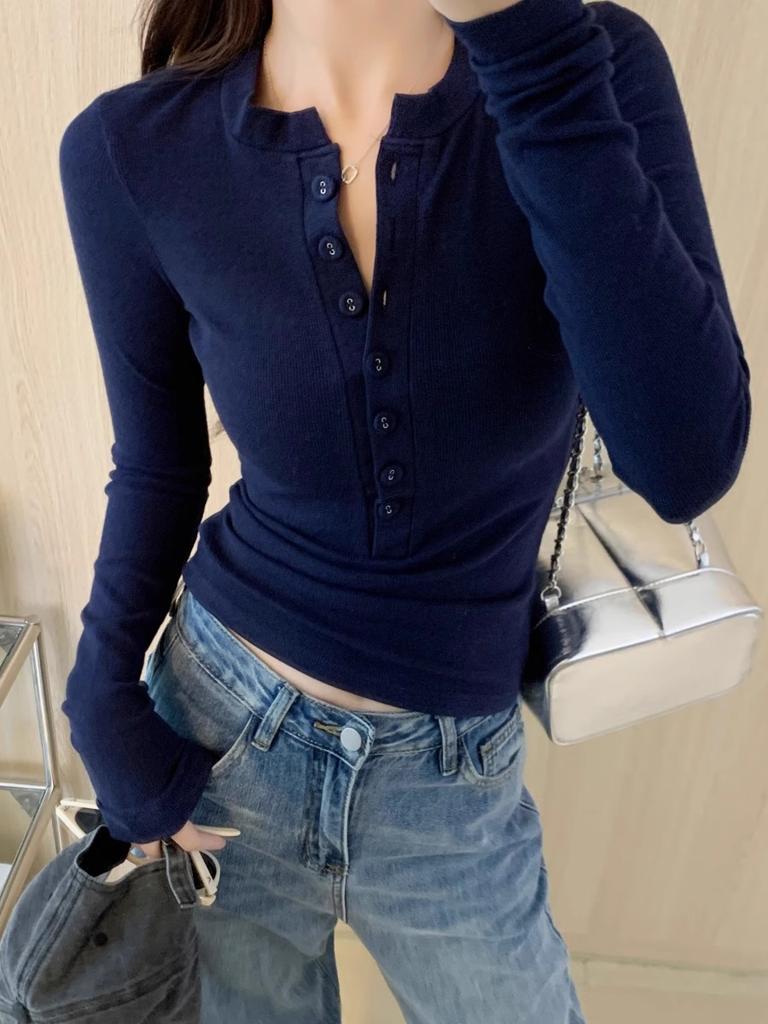 Skinny Spice Girl Single-breasted Long Sleeve T-Shirt Women's Spring Front Shoulder Skinny Top with White Bottom Shirt