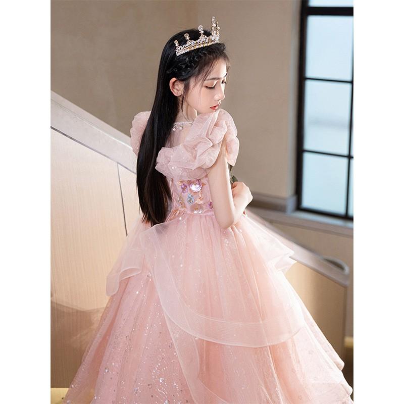 Girls Princess Dress Pink Formal Gown Pageant Piano Performance Kids Party Wear