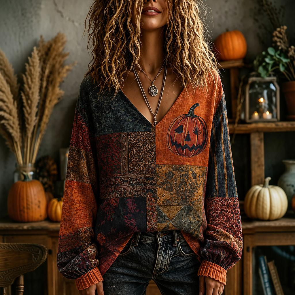 Women's V-Neck Top for Halloween and Fall Occasions