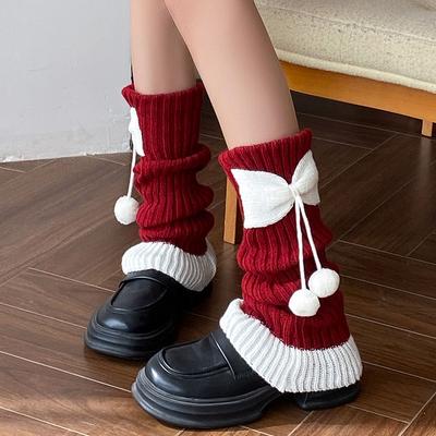 Pom-pom Knitted Leg Warmers Autumn Winter Thickened Warm New Year Bowknot Leg Warmers Color-blocking Christmas Style Japanese JK Slouchy Socks