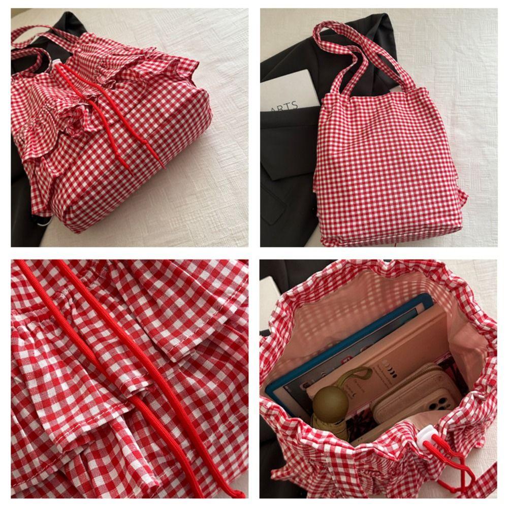 Korean Style Lotus Leaf Shoulder Bag Fashion Plaid Tote Bag Vintage Drawstring Bag  Storage Bag